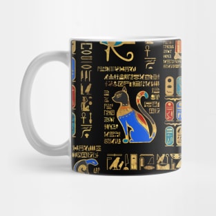 Egyptian hieroglyphs and deities on black Mug